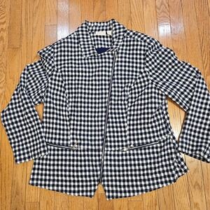Chico's Blue Check Asymmetrical Zip Jacket Size 3 (XL/16) Lined Gingham Moto